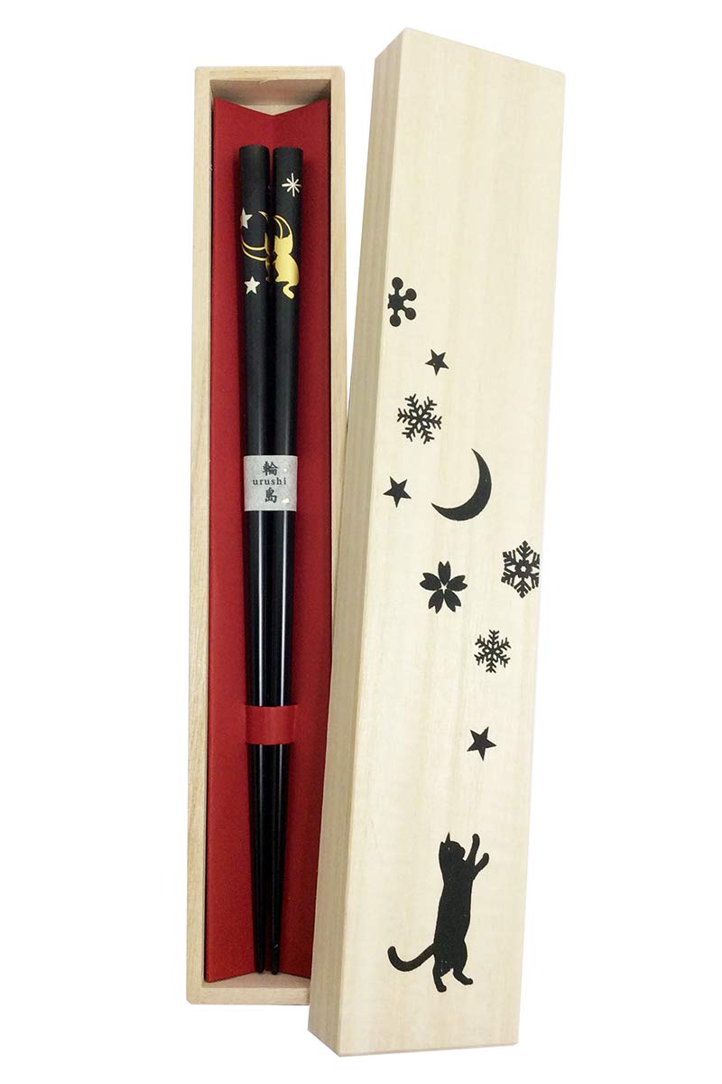輪島うるし箸 月NEKO 黒 22.5cm 桐箱入