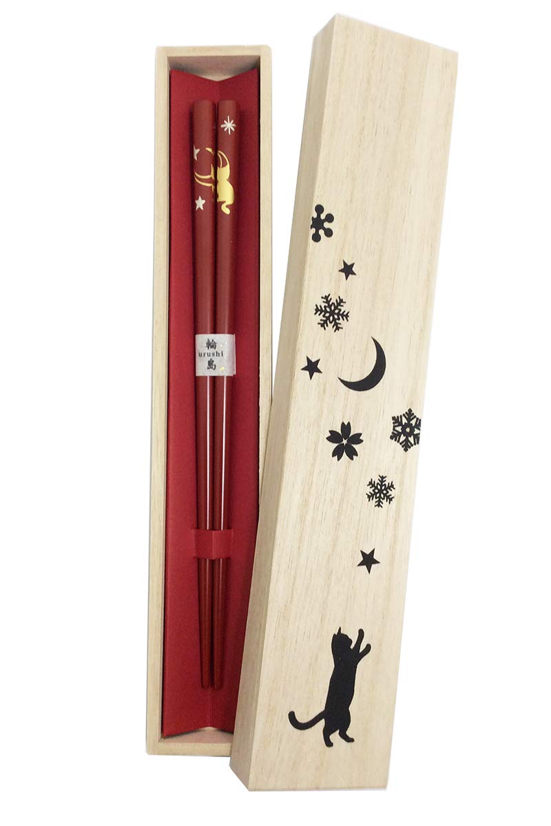 輪島うるし箸 月NEKO 朱 21.5cm 桐箱入